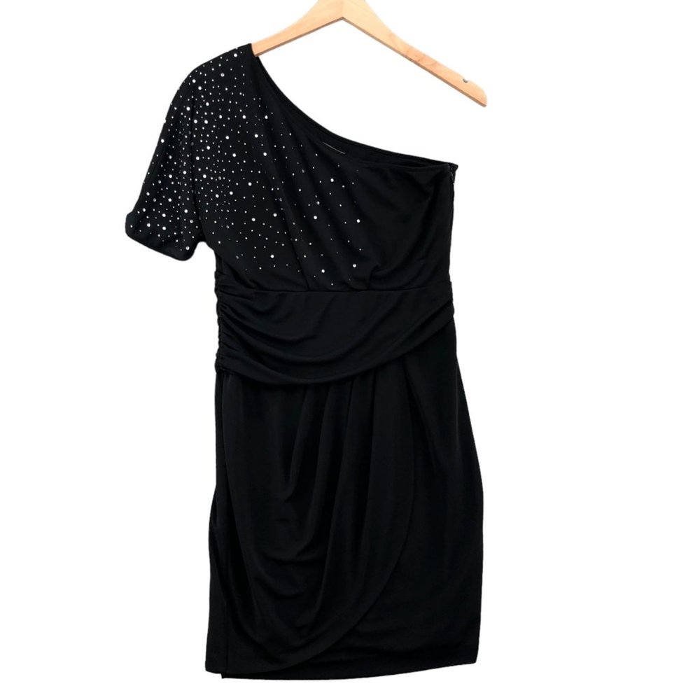 Vince Camuto Womens One Shoulder Sheath Dress Sz 12 Black Rhinestone Cocktail